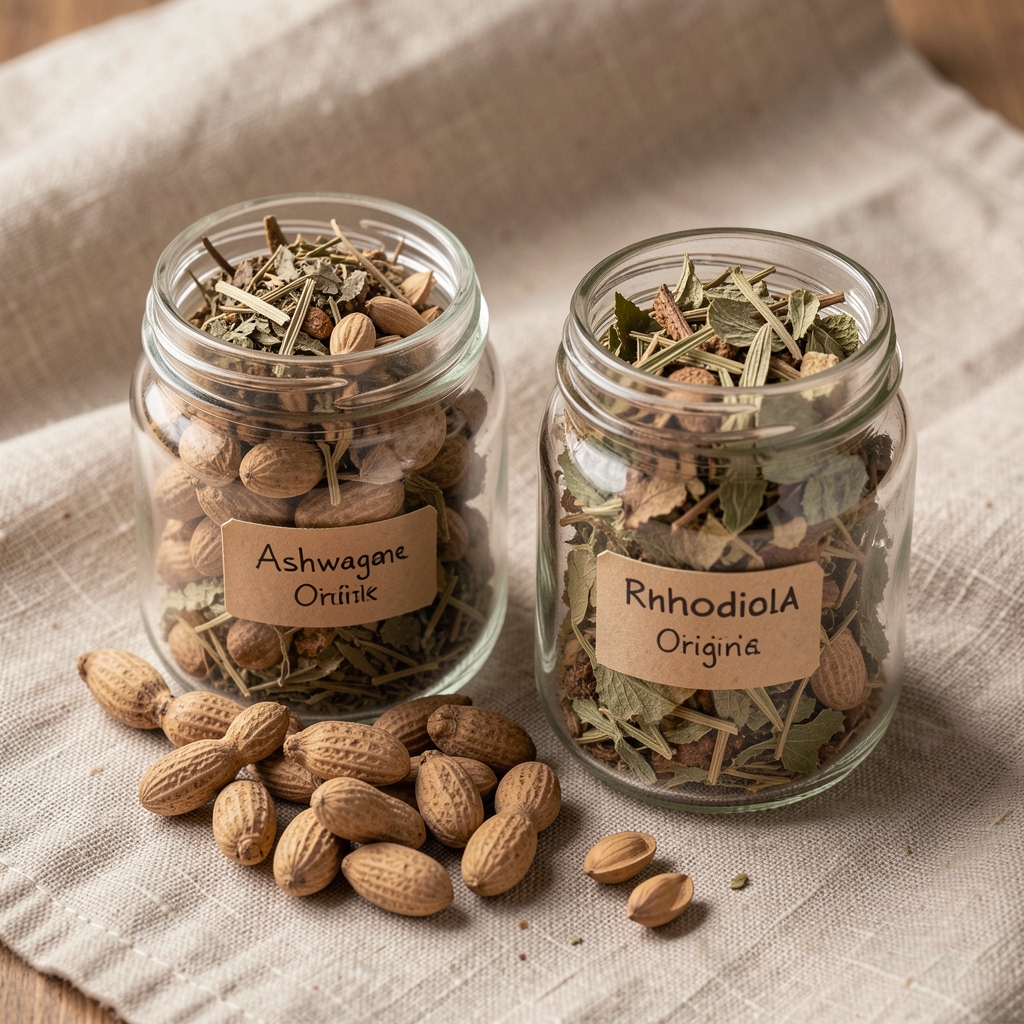 Dried botanical herbs including ashwagandha root and rhodiola in glass jars arranged on linen cloth with origin labels