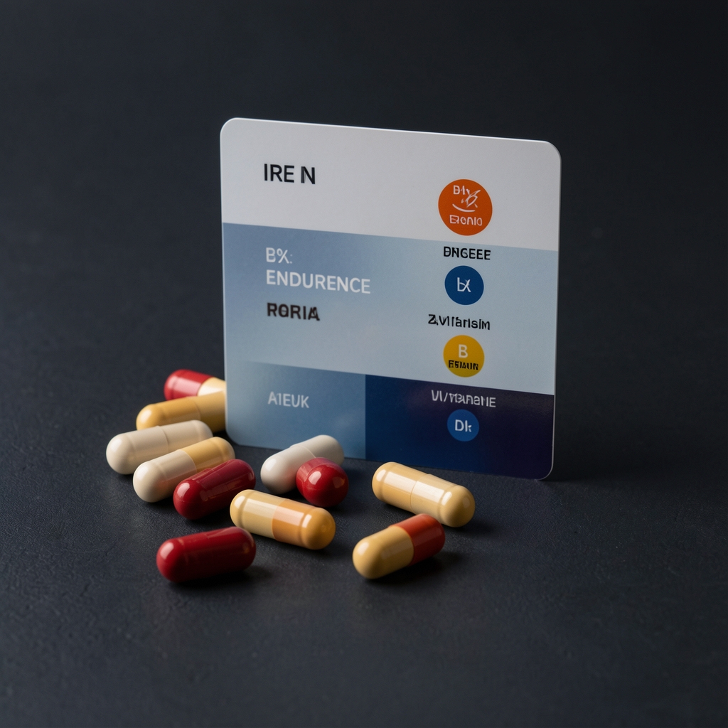 Endurance supplement composition with iron and B-vitamin capsules displayed on a dark background with elemental profile card